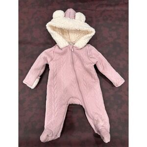 Tahari Baby Pink Quilted Cable Knit Sherpa Hooded Pram Suit Bear Ears 3-6M